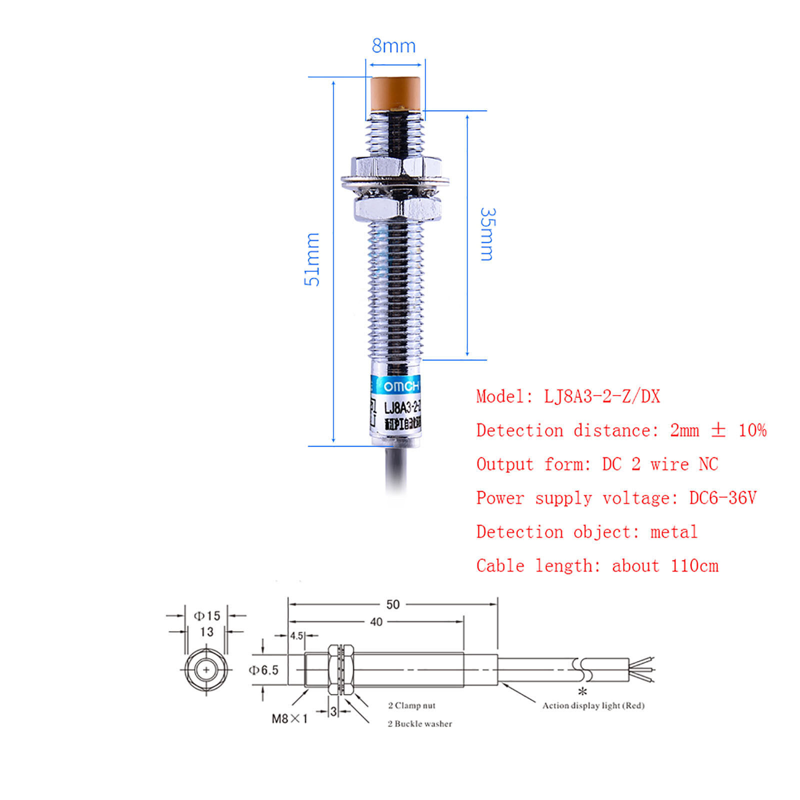M8 Inductive Proximity Switch Metal Sensor NONC DC12-24V AC110-220V LJ8A3-2-Z/DX