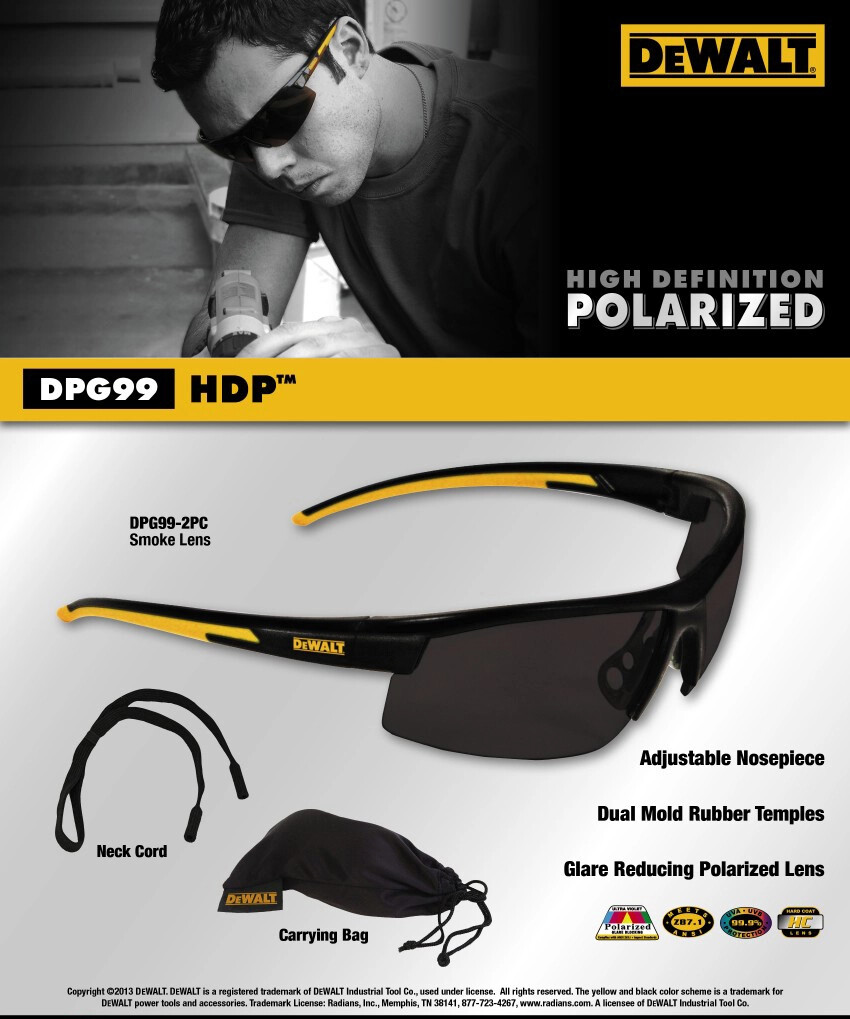 1 PR. DeWalt Smoke Gray POLARIZED Lens Safety Glasses UV ANSI Z87+ Sunglasses