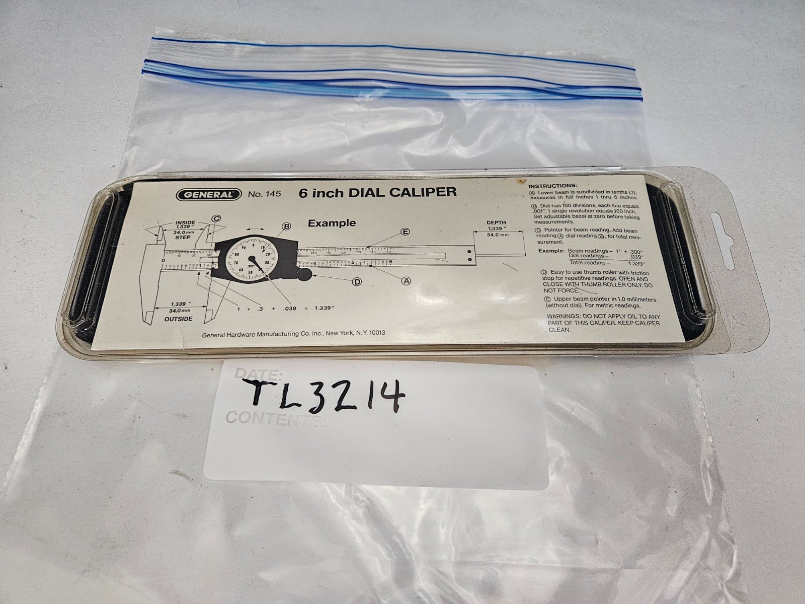 GENERAL #145 6″ DIAL CALIPER .001″ MADE IN SWITZERLAND (TL3214)