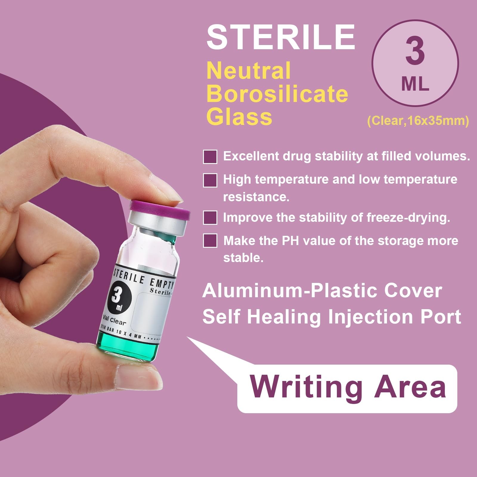 20 Pcs 3ml Sealed Sterile Empty Vials with Self Healing Injection Port Glass Pe