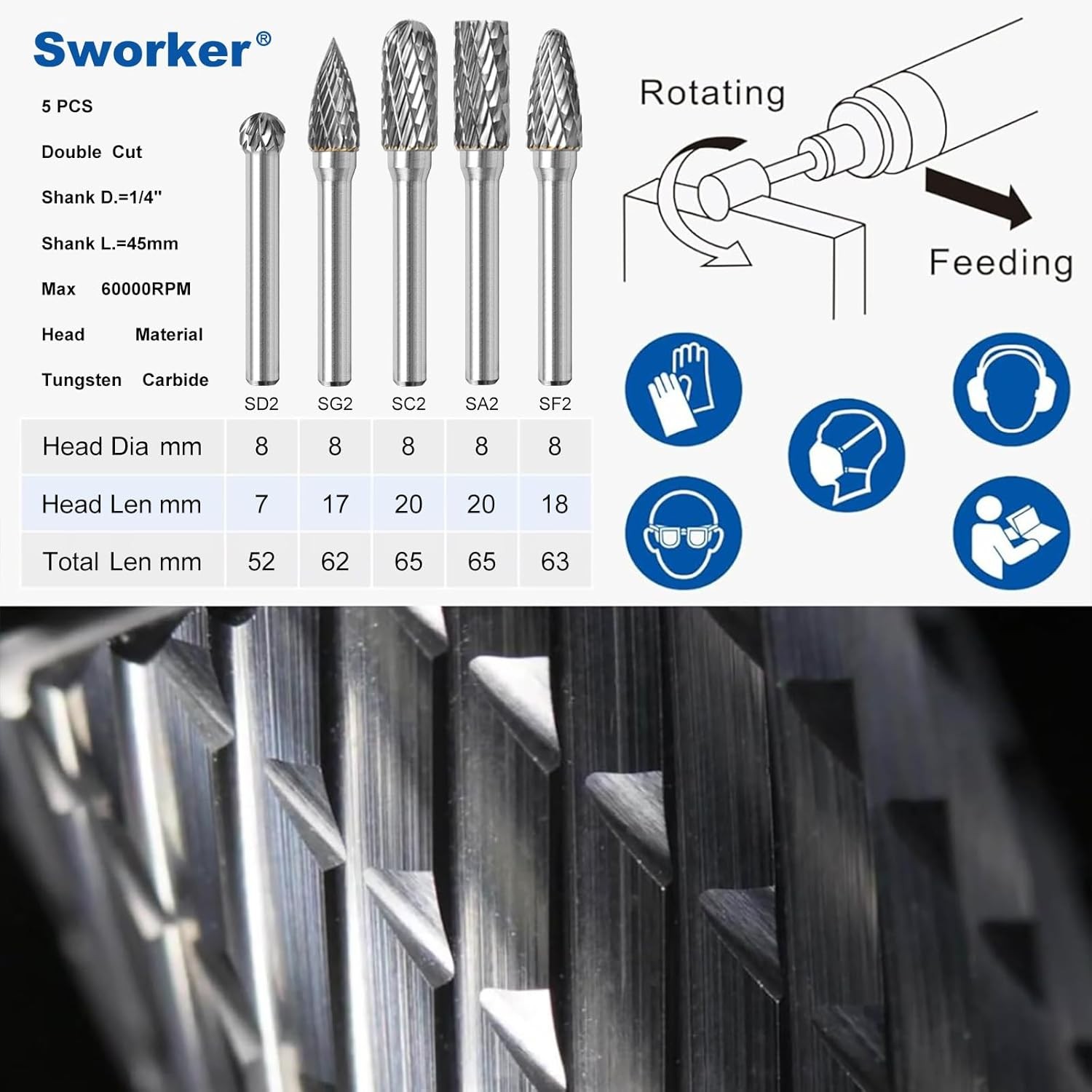 5x Carbide Burr Set 1/4″ Shank with Case – 8mm Rotary Bits for Metal Wood Stone