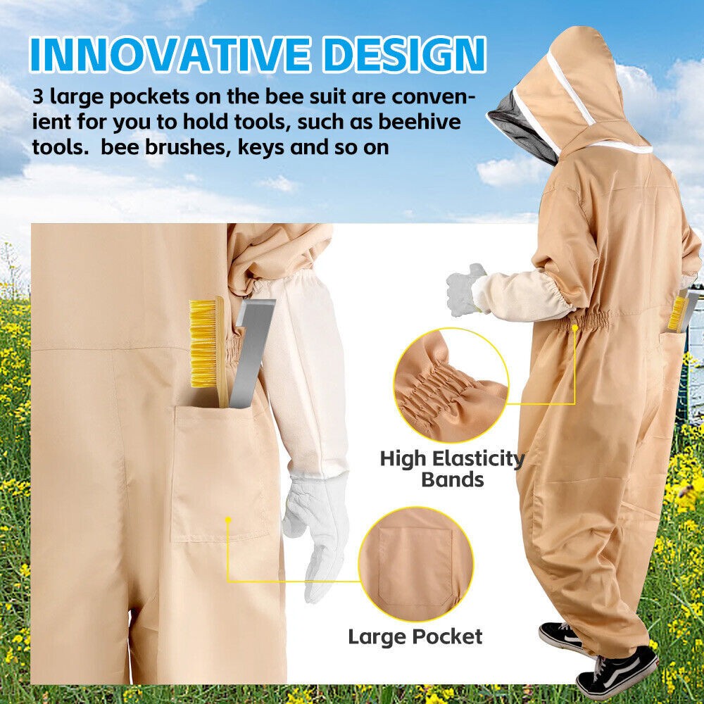 XXL Full Body Anti-bee Suit Cotton Beekeeping Clothing w/Veil Hood&Gloves Unisex