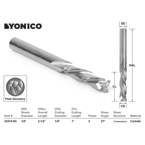 1/4″ Dia 3 Flute Compression Endmill CNC 10 Pack 1/4″ Shank Yonico 33310-SC-10PK