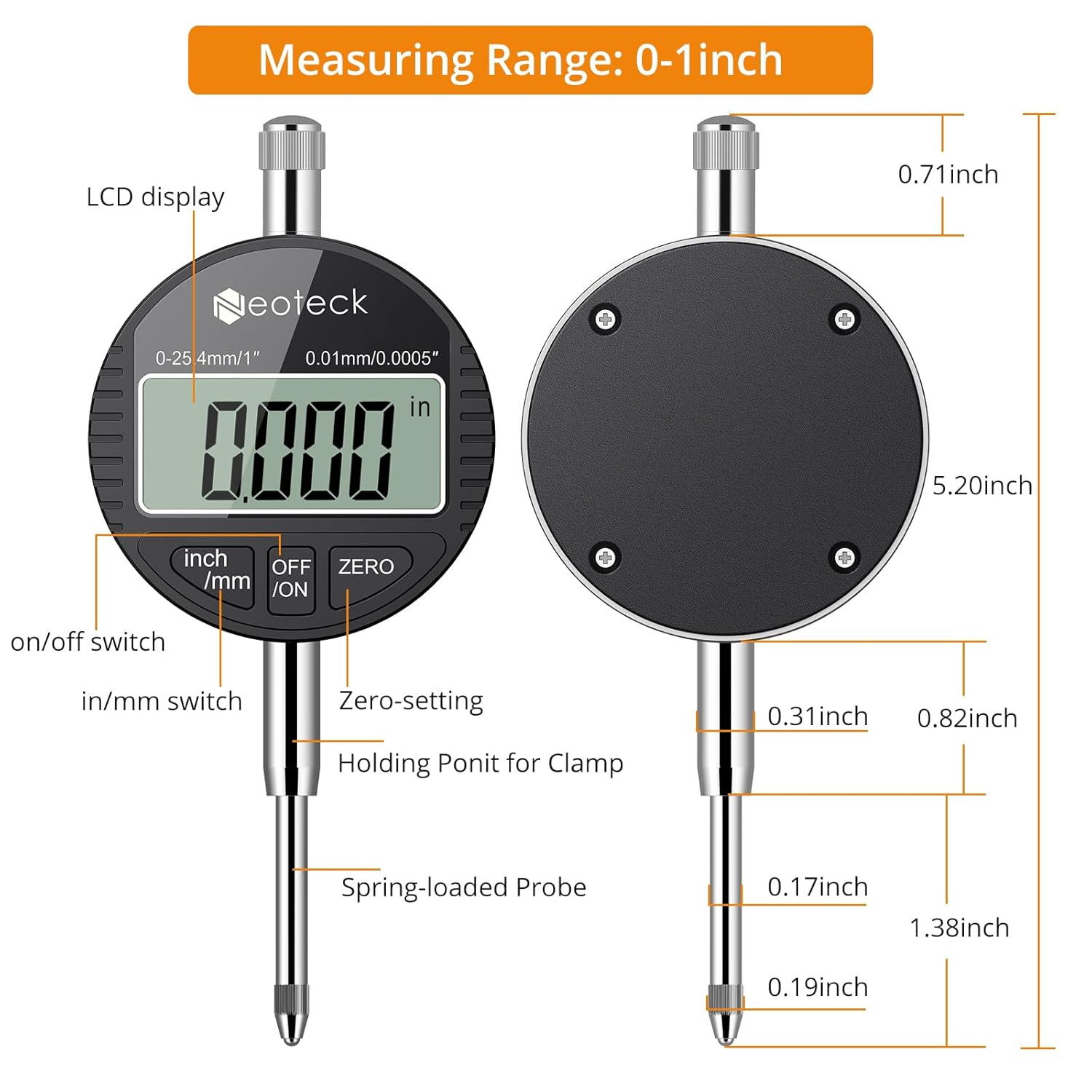 1″/25.4Mm Digital Dial Indicator 0.0005″/0.01Mm Dial Test Indicator | DTI Dial G