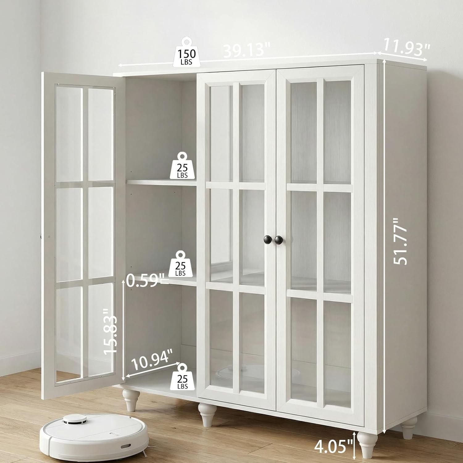 51 Inch Display Bookshelf, 3 Tier Wood Bookcase with 3 Glass Doors &