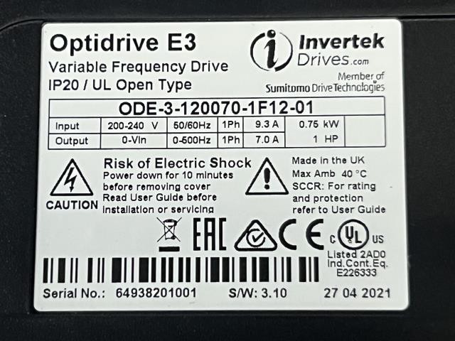 Invertek Optidrive E3 Variable Frequency Drive – ODE-3-120070-1F12-01 w/Warranty