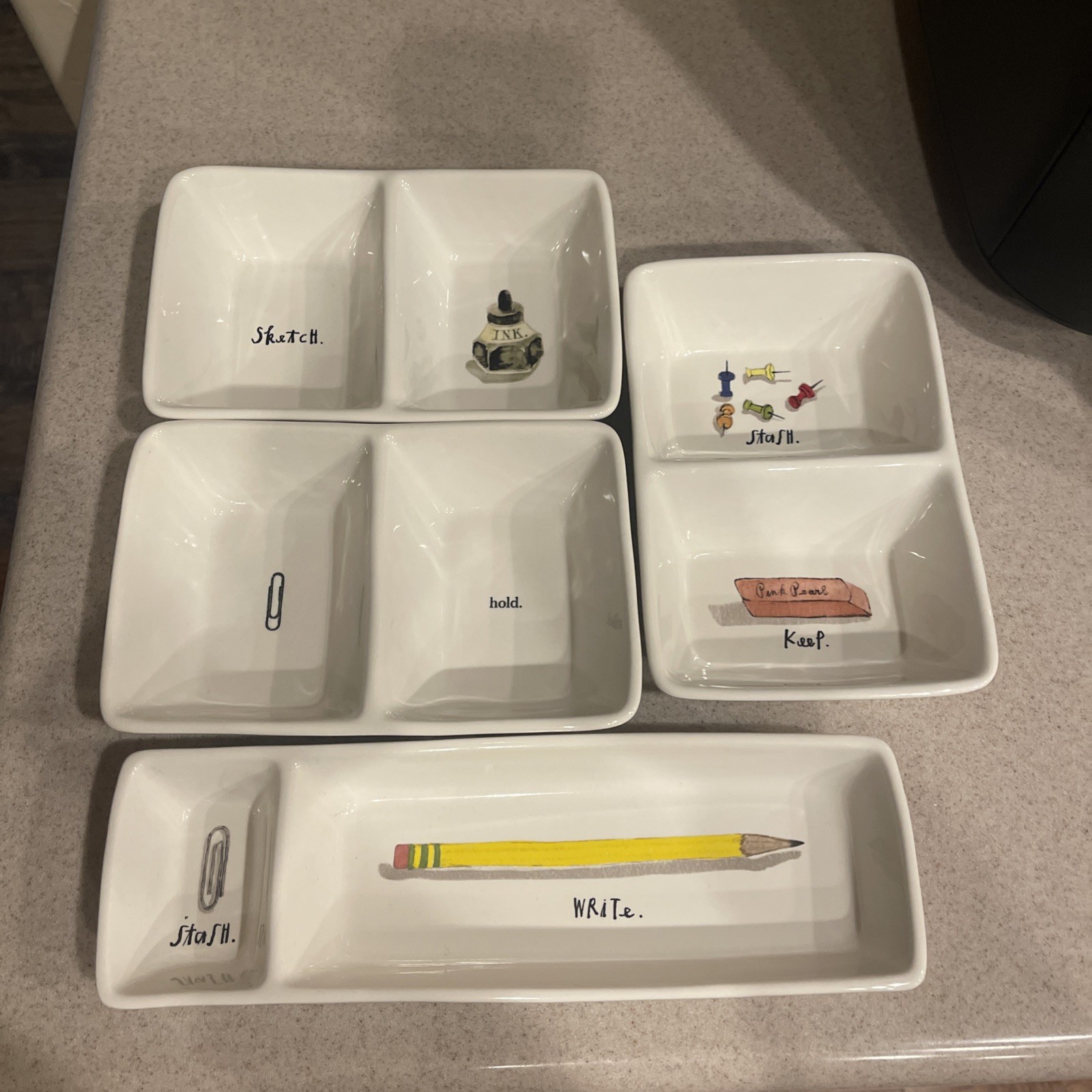 RAE DUNN Home Office Organizer Trinket Dish Lot ~ Stash & Keep AND Sketch & Ink