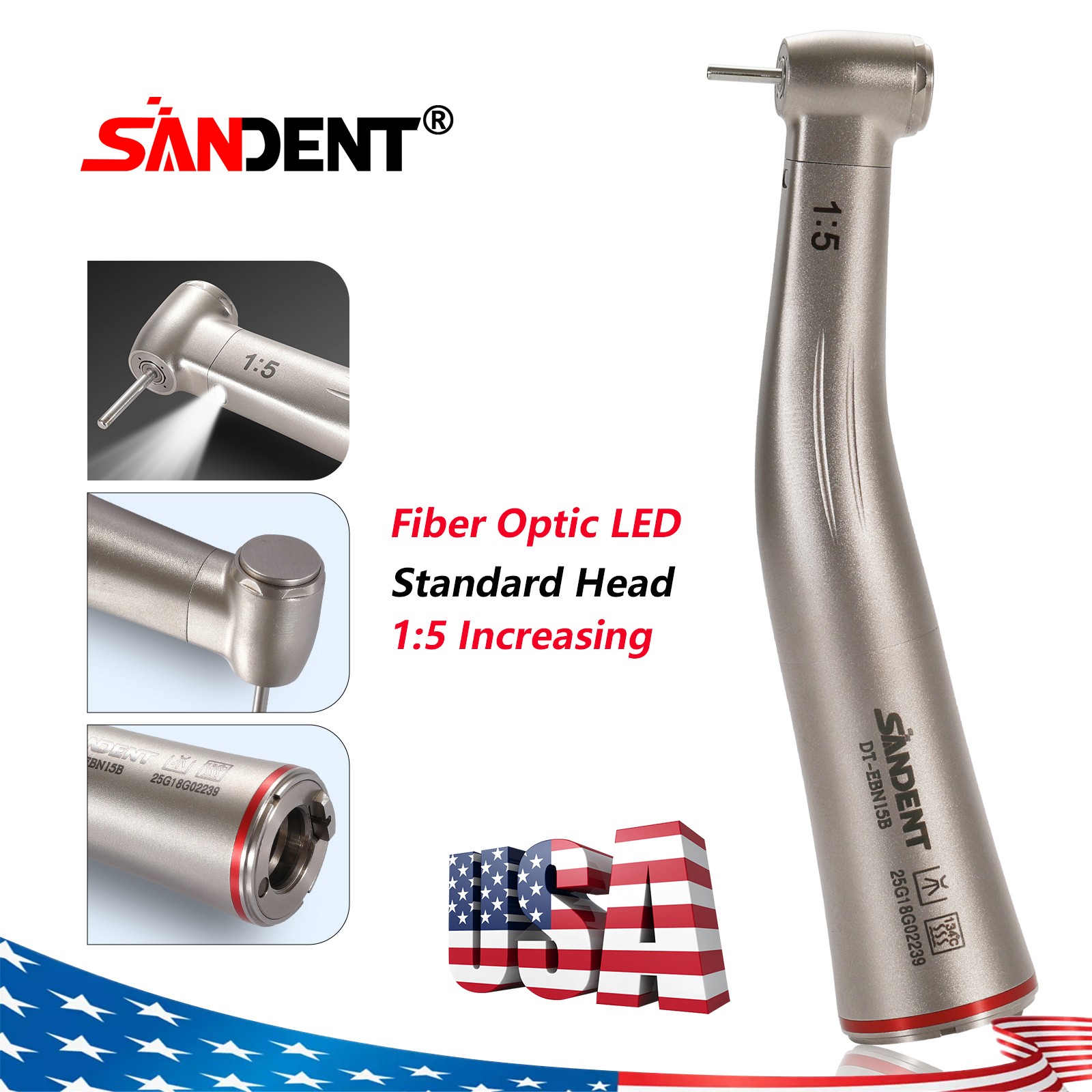 Dental 1:5 Contra Angle Fiber Optic LED Low Speed Handpiece Standard Head