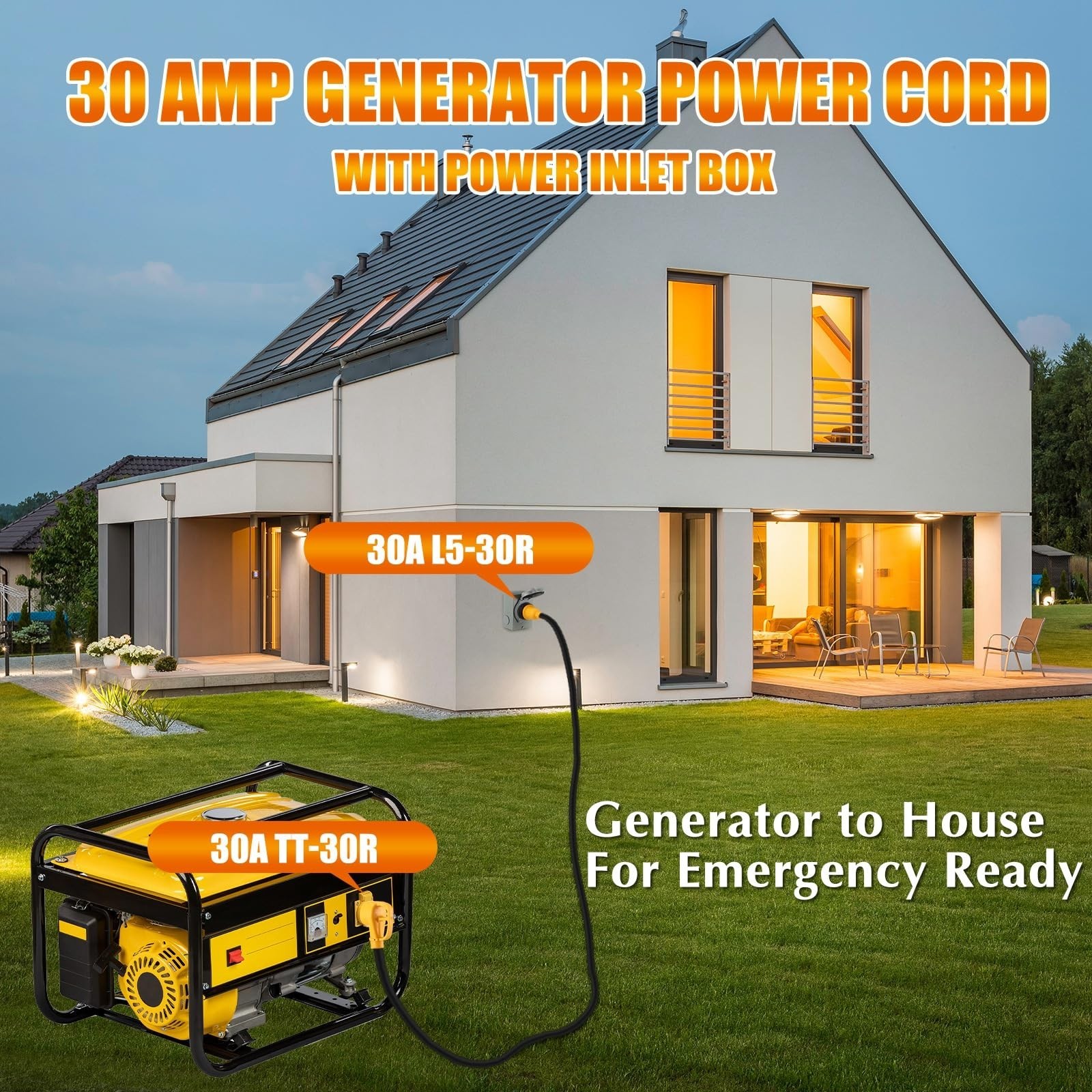 Kanayu 25FT 30 Amp RV Generator Cord And Power Inlet NEMA TT-30P L5-30R Lock