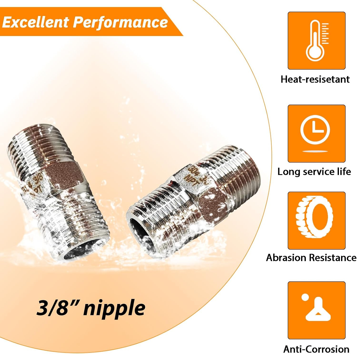 4PCS Hex Stainless Steel Nipple 3/8″NPT Male X 3/8″ NPT Male Pipe Fitting 3/8