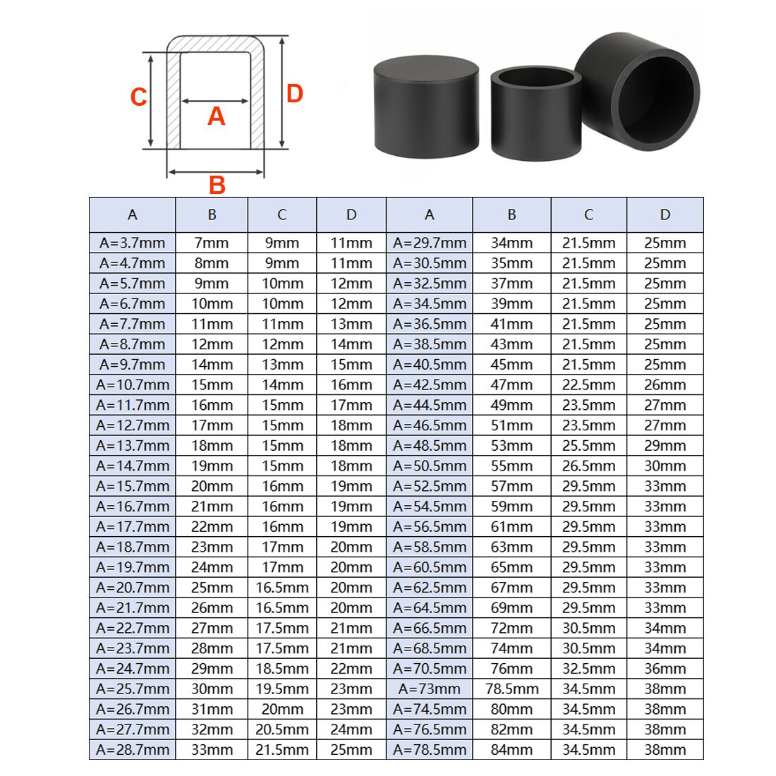 Black Round Silicone Rubber End Cover Caps Dust Cap For A=2.8mm~78.5mm Pipe Tube