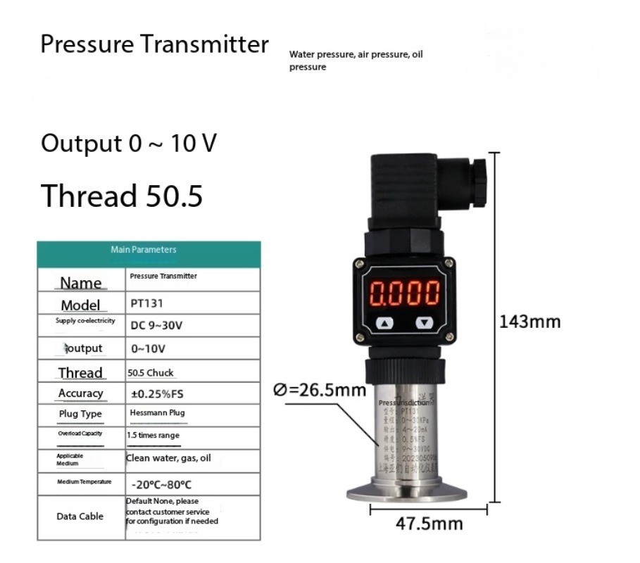 Sanitary Pressure Transmitter Flat Diaphragm Quick-Connect Chuck Pressure Sensor