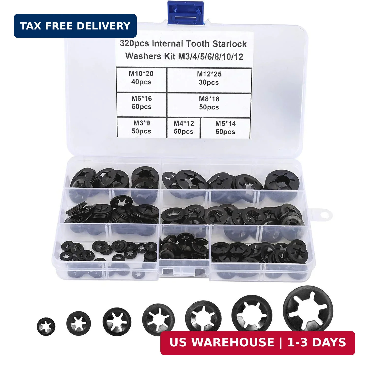 7 Sizes 320PCS Internal Tooth Starlock Washers,Quick Speed Locking Washers, Push