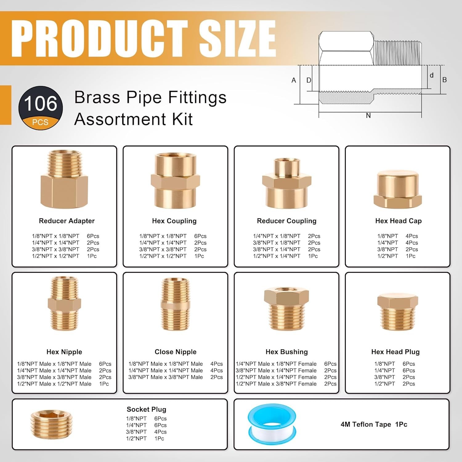 106PCS Brass Pipe Fittings Assortment Kit NPT Extension Adapter,Reducer Bushing,