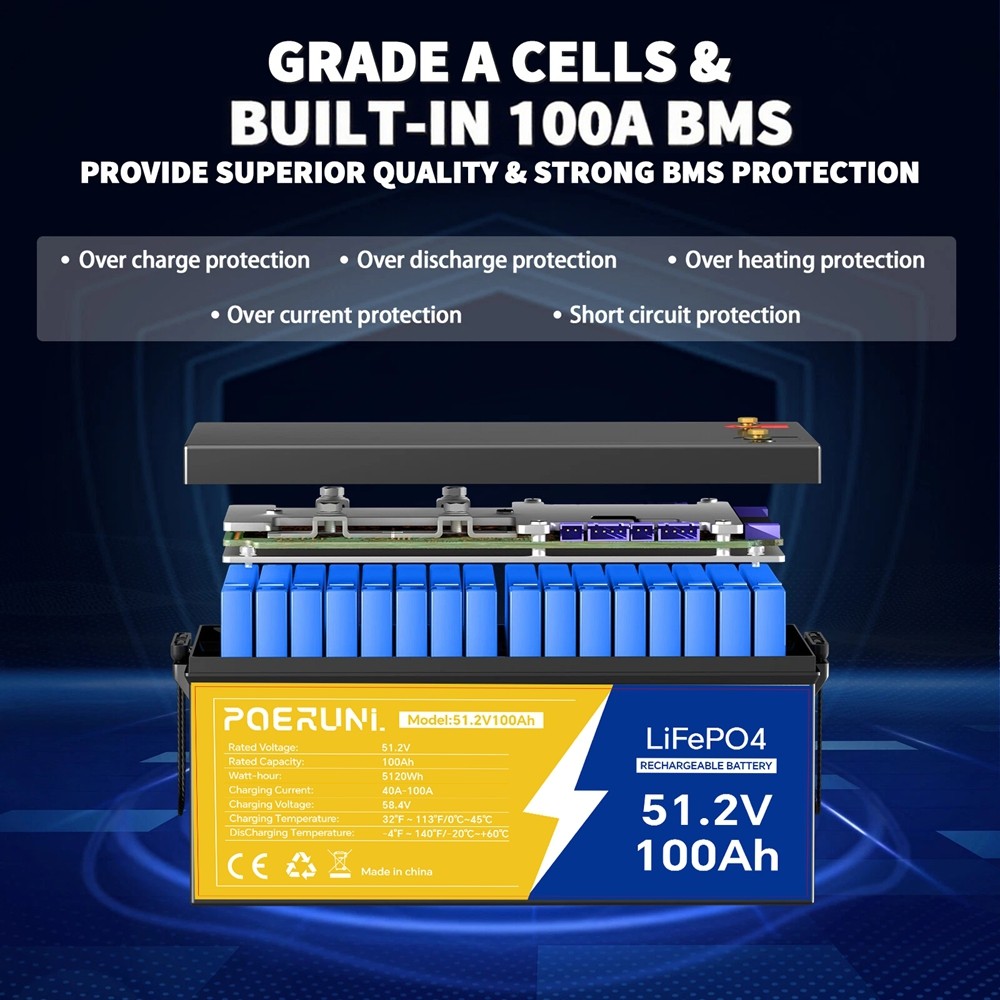 48V 100Ah LiFePO4 Lithium Battery BMS Deep Cycles for RV Solar Boat Golf Cart