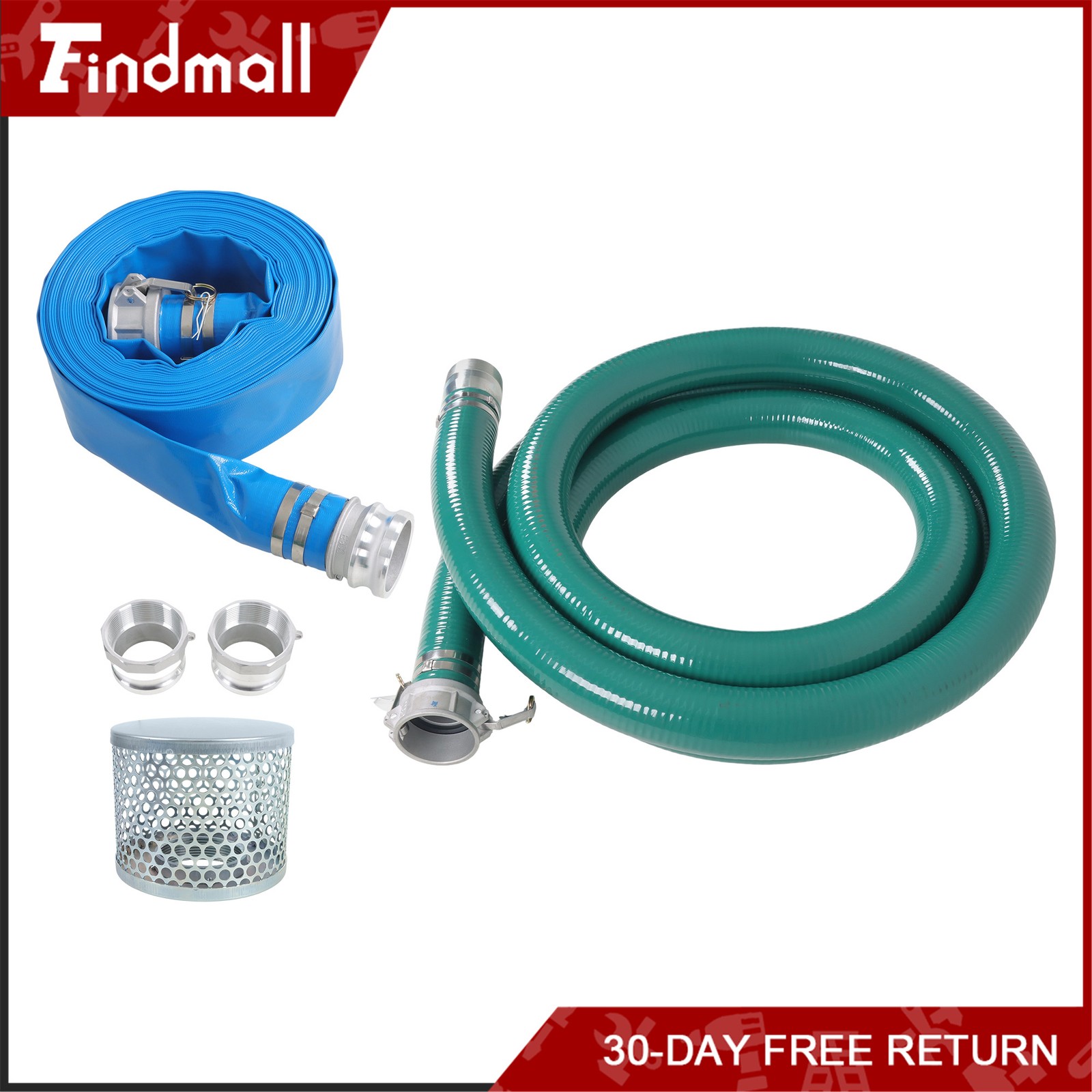 Findmall 3 inch Suction Hose Pump Kit Includes 65ft Blue Hose & 20ft Green Hose