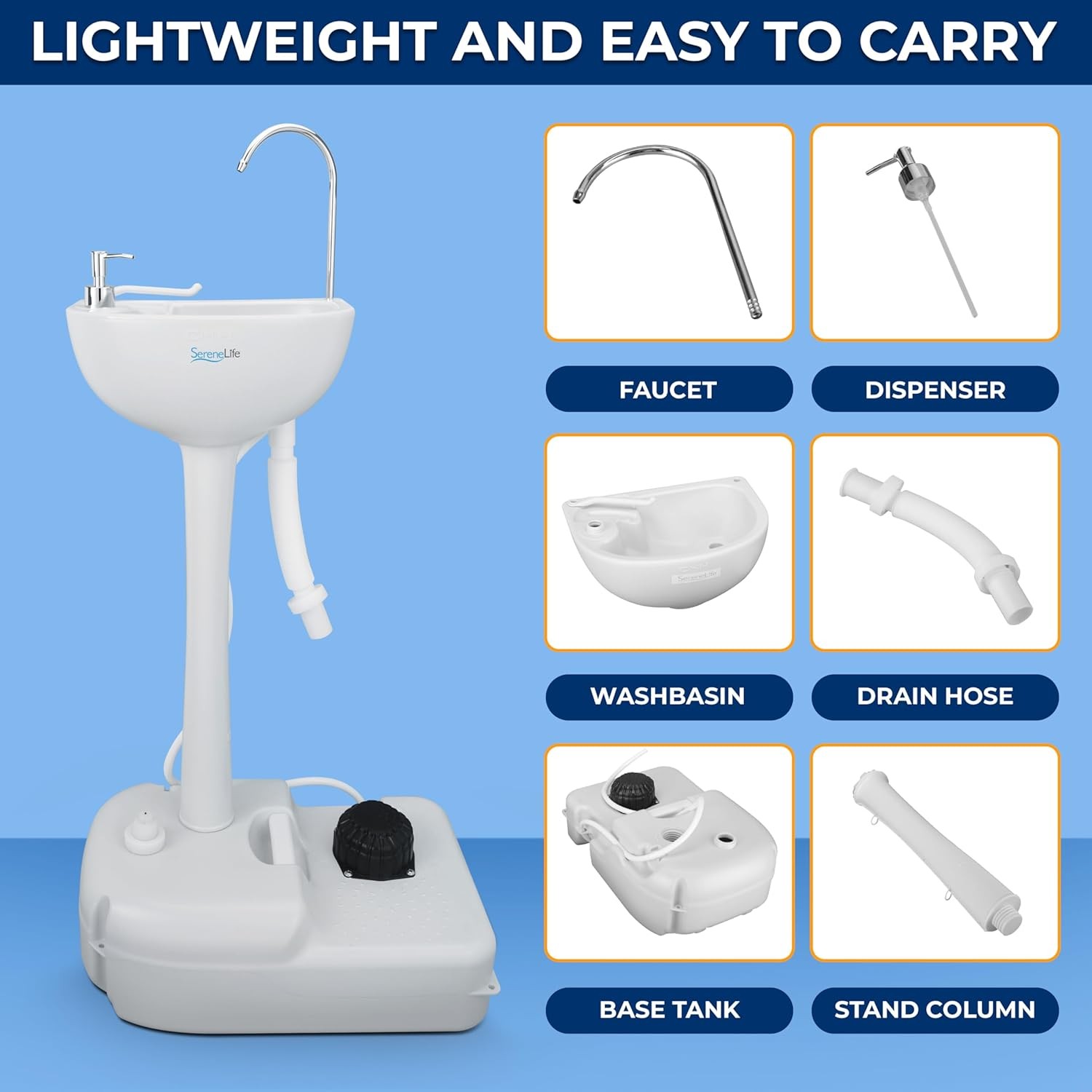 SereneLife Portable Camping Sink with 19L (5+ Gallon) Water Tank, 19L, White