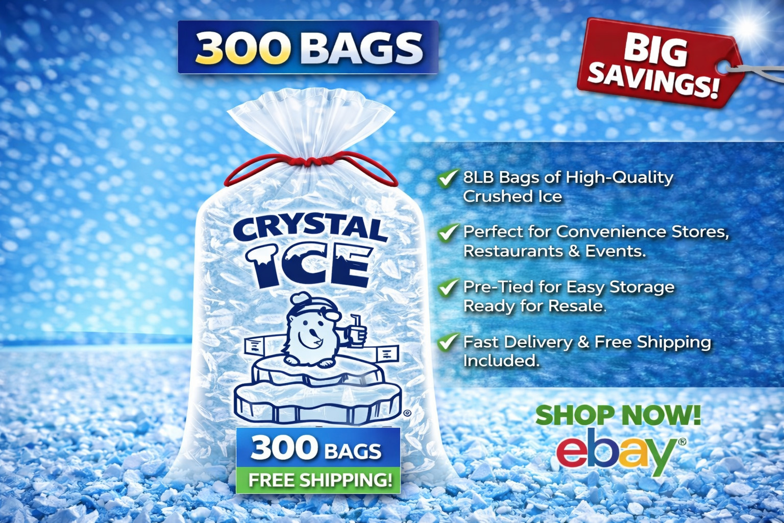 8 LB Ice Bags Drawstring Heavy Duty Clear Plastic Leak Proof Bulk 100,300,500