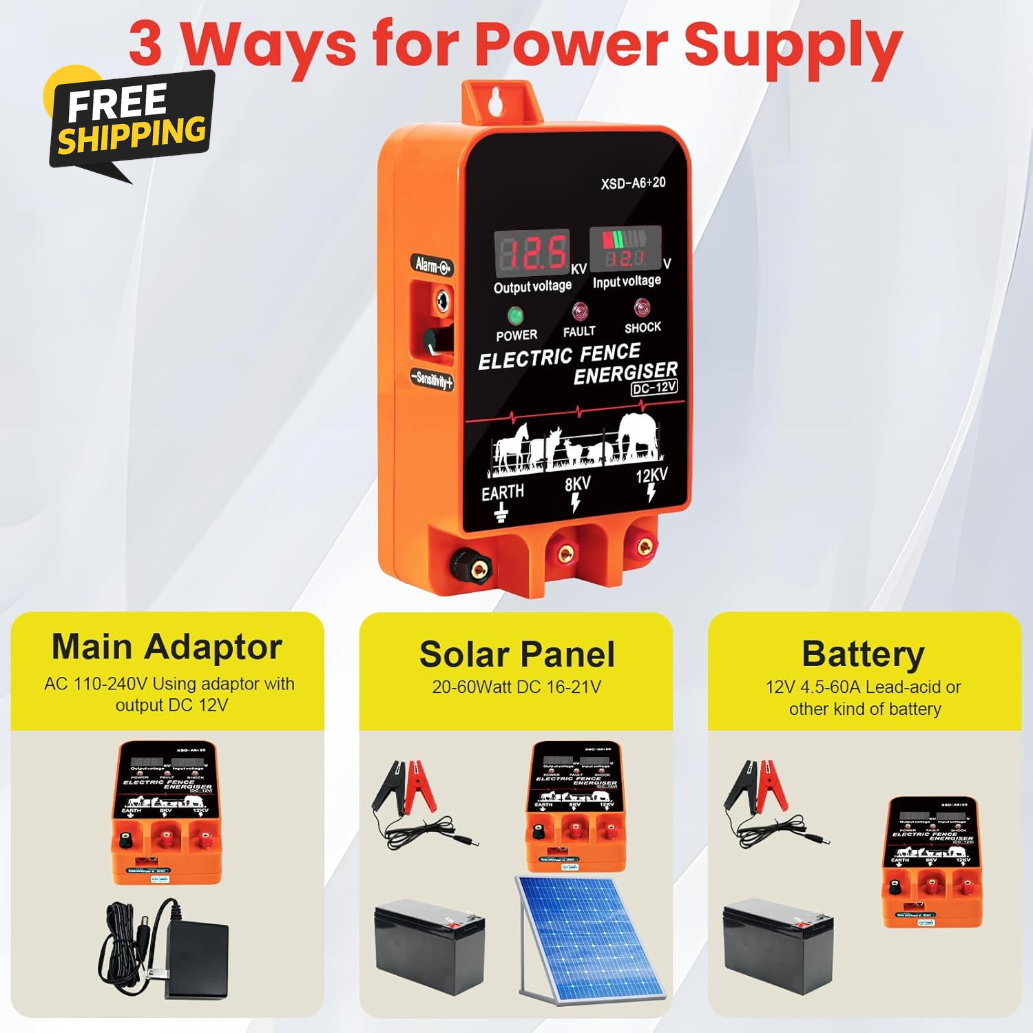 5.5J Electric Fence Charger Energizer, 5.5 Joules 10 Miles, AC DC 2 in 1 Powered