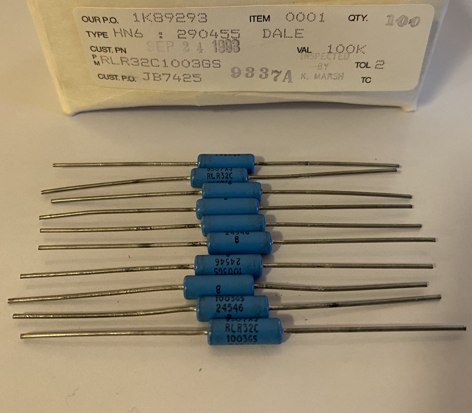 LOT 10 DALE RLR32C1003GS 100K OHM METAL FILM RESISTOR 500V 2% MILSPEC RLR32C NEW