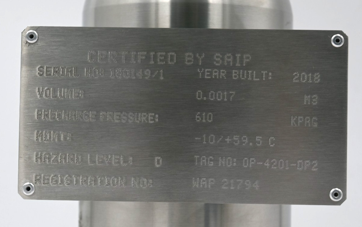 SAIP LA.1.1,5.10.X.F.E 1 600RS PULSATION DAMPENER TAG: OP-4201-DP2