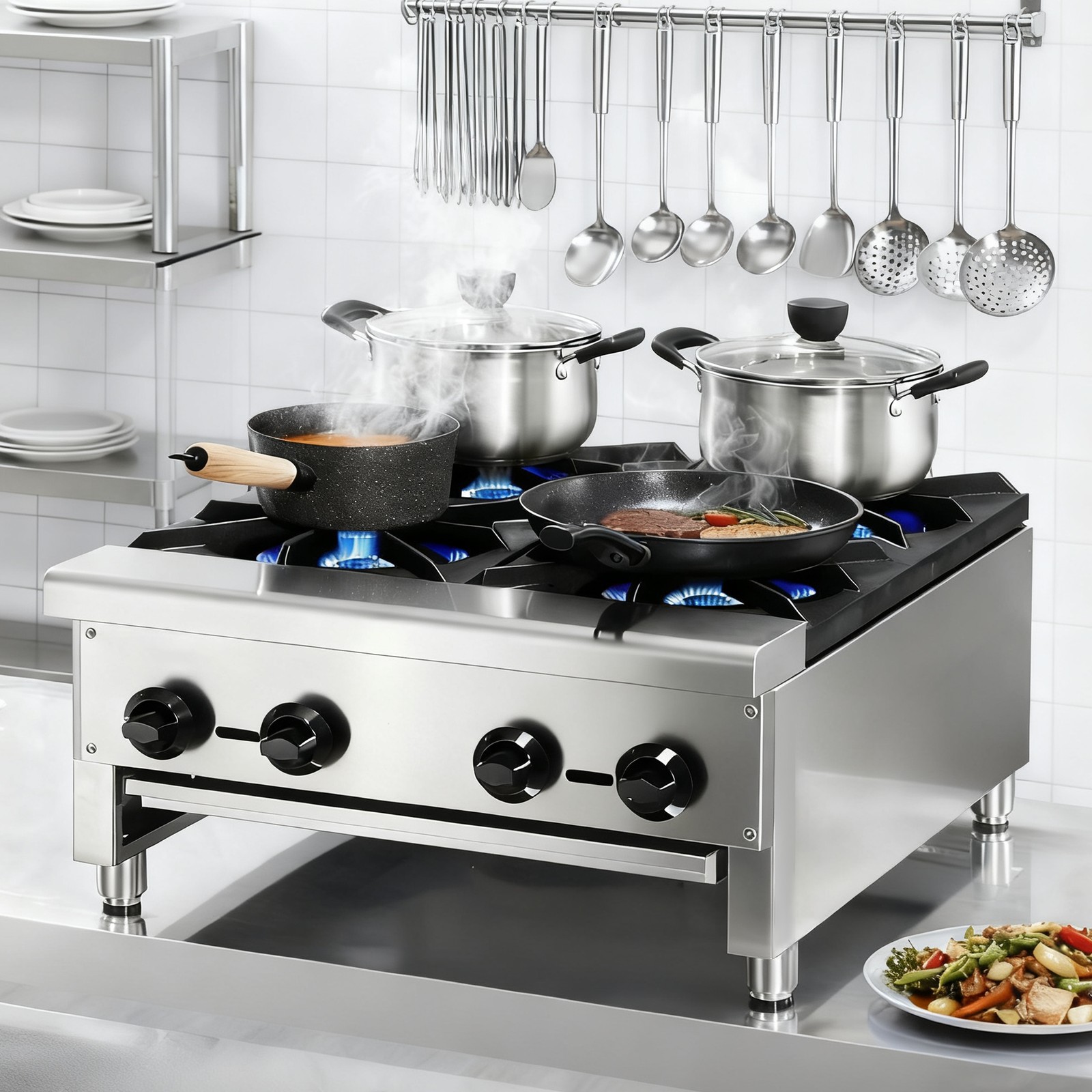 Commercial Gas Stove 4 Burners 112,000 BTU Propane Natural Countertop Cooking