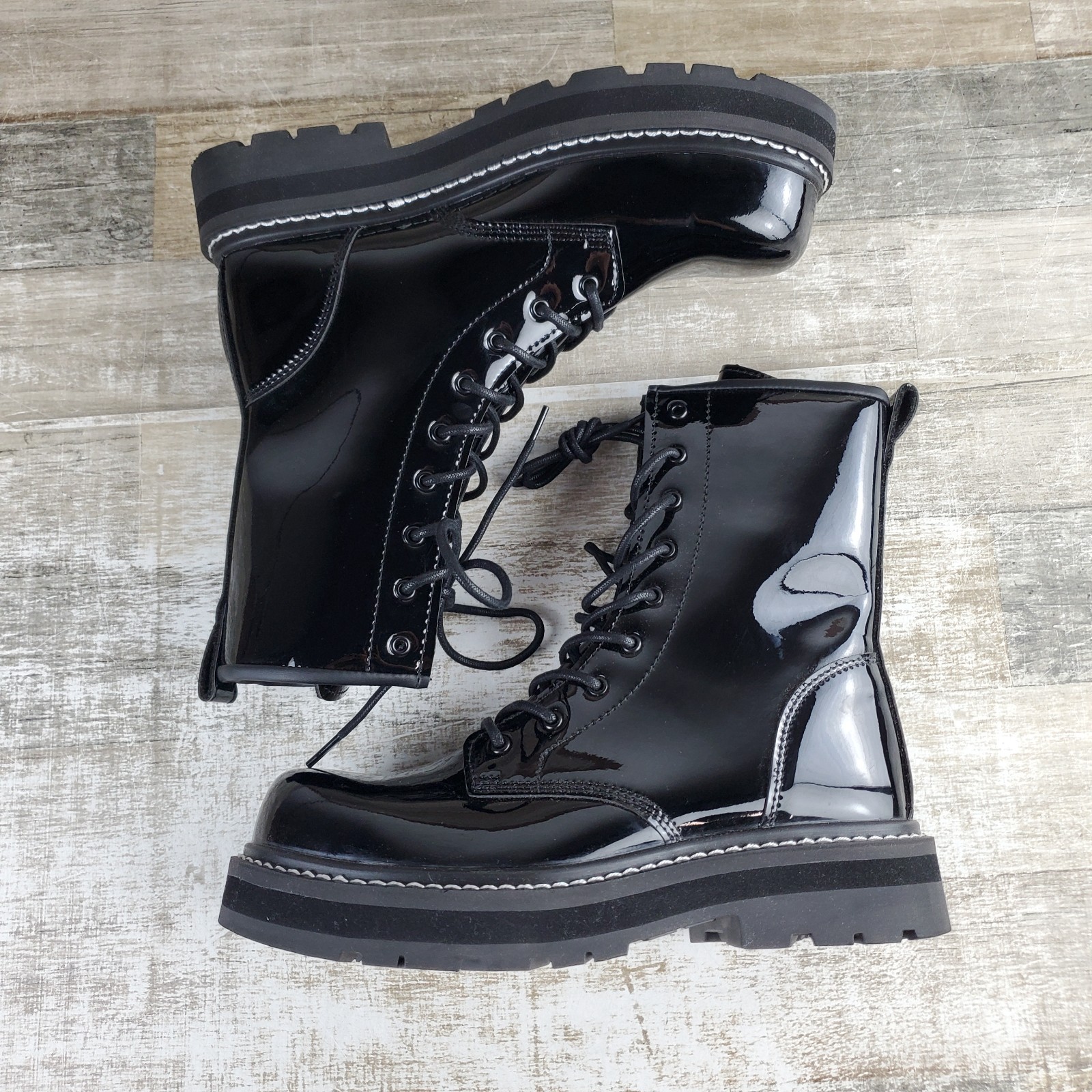 Avenger Fortune Womens Work Boots Sz 9.5 D Black Shiny Patent Leather Lace-Up
