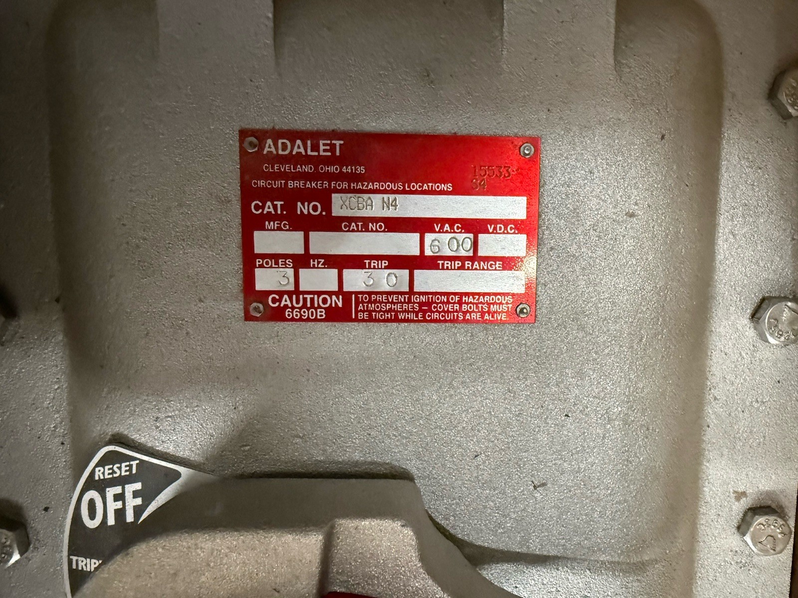 Adalet #XCBA N4 Explosion Proof Disconnect Switch 600V 30A 3 Pole Non-Fused New