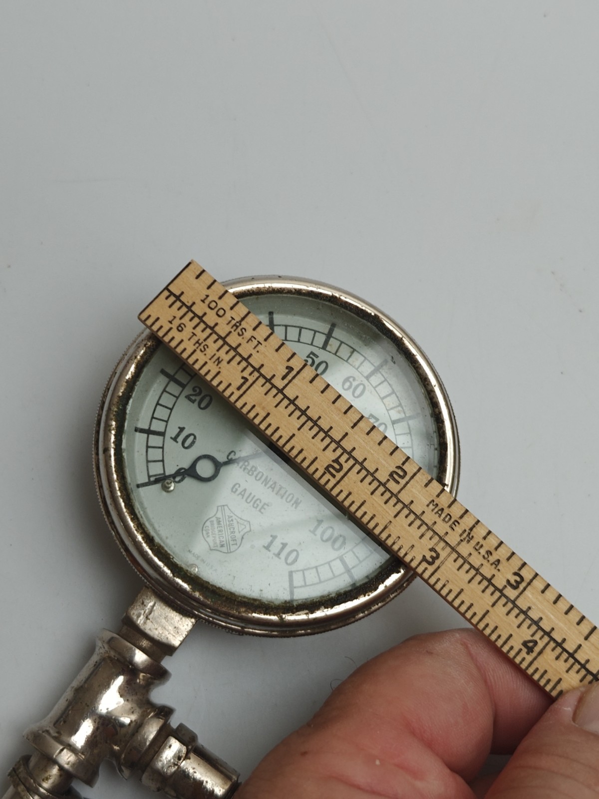 Ashcroft Carbonation Gauge 3″ Range: 0-110# Test Valve. Bridgeport Conn. U.S.A