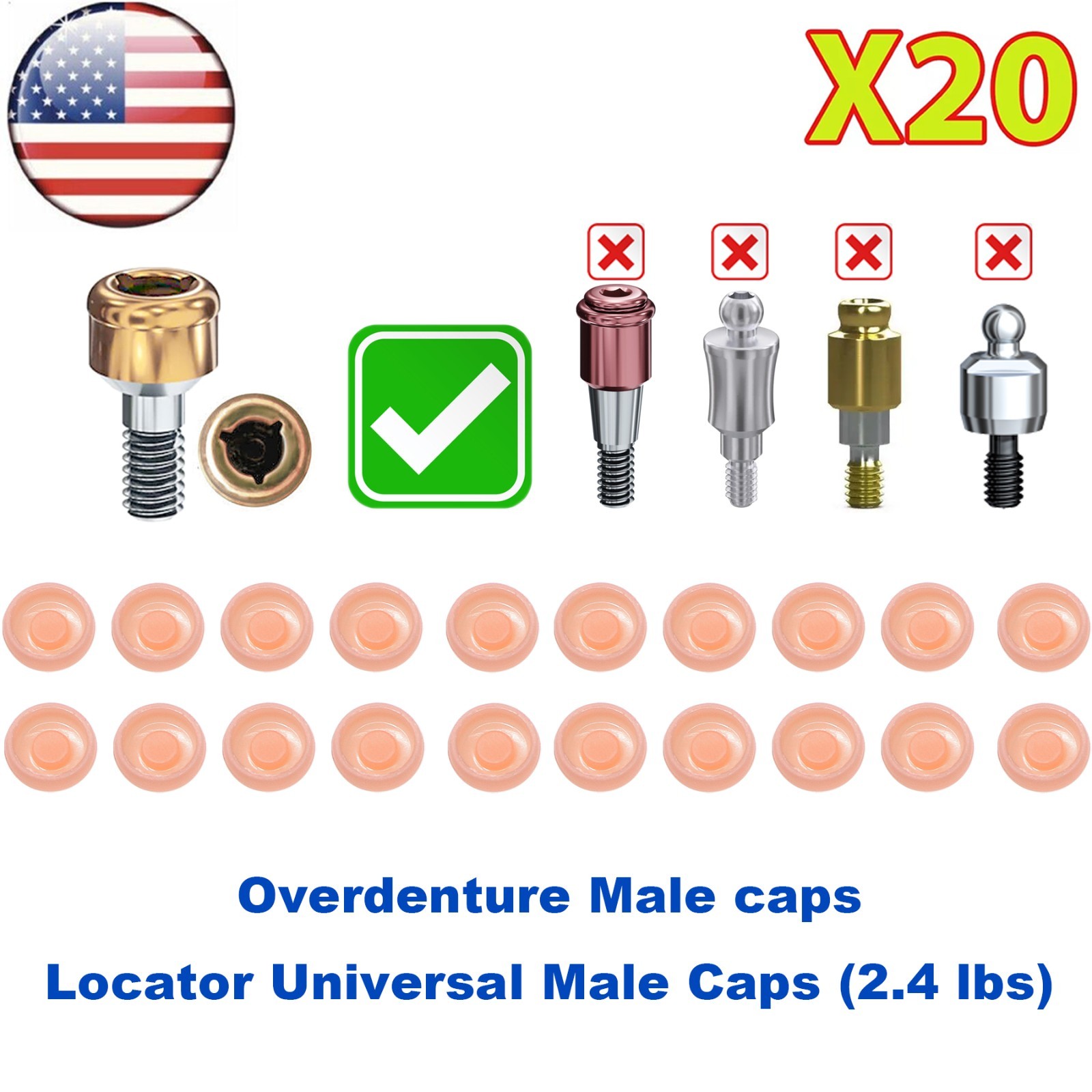 US 20Pcs Dental Overdenture Locator Retention Cap Inserts For Implant Abutment