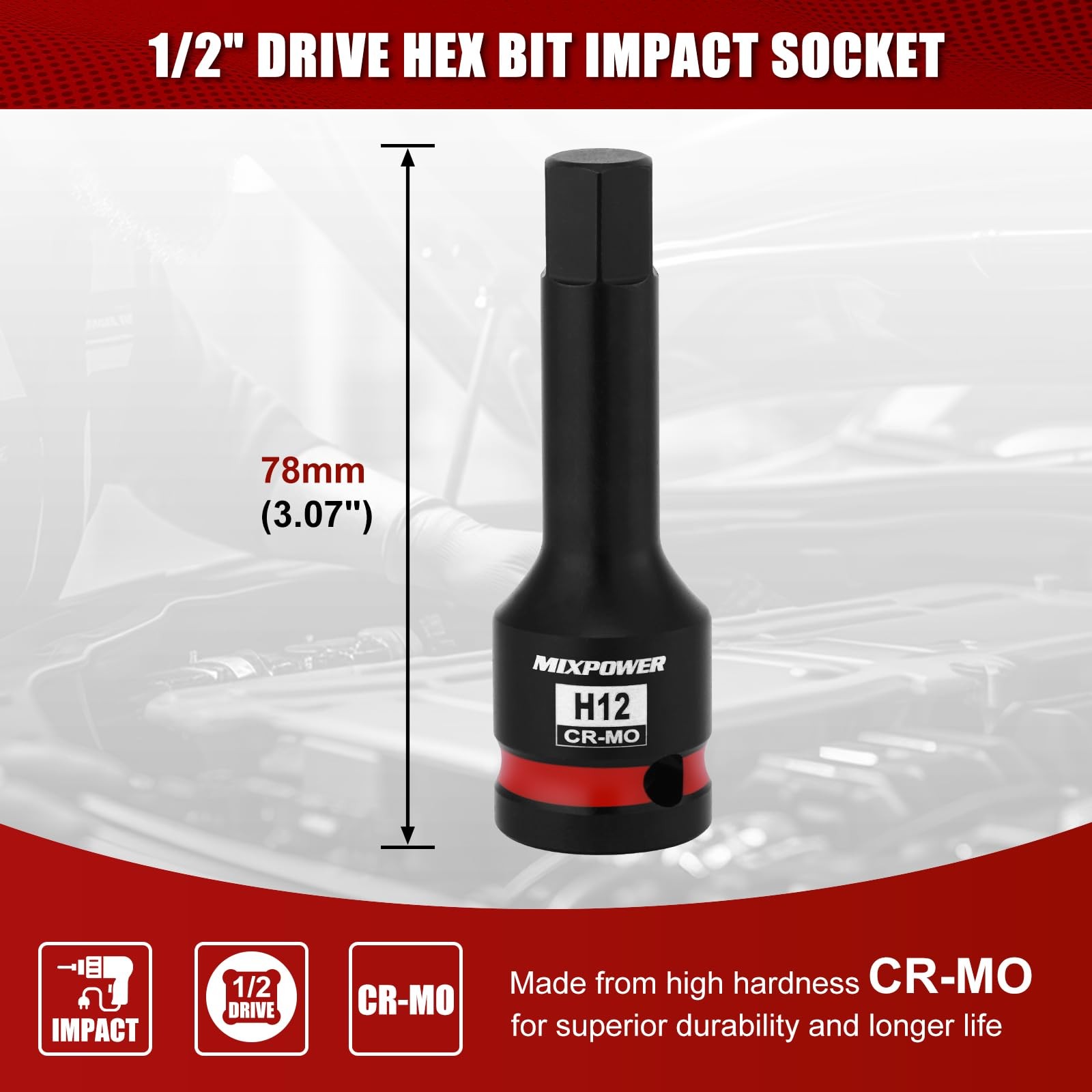 MIXPOWER 1/2″ Drive 12mm Hex Impact Bit Socket, Allen 1/2″Dr.12mm