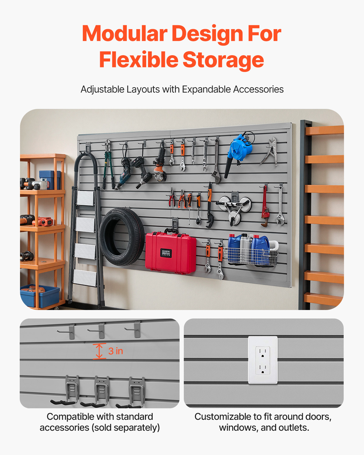 VEVOR 8 x 4 ft Slat Wall Paneling PVC Grey Garage Slatwall with Modular Design