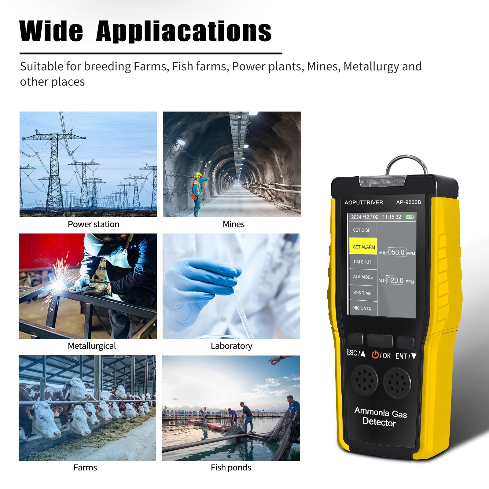 Ammonia Gas Detector 0~100PPM NH3 Monitor Temperature Humidity Tester Alarm Mode