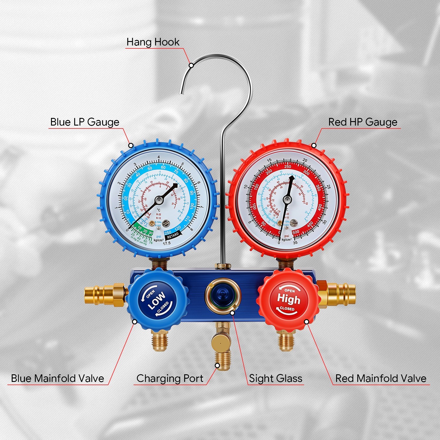 For R134A R-22 R410A R404A Refrigeration Charging 3 Way AC Manifold Gauge Set