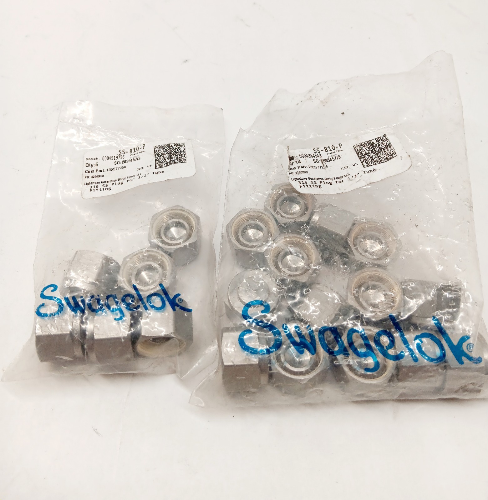 Swagelok SS-180-P 316 SS Plug for 1/2″ Tube Fitting QTY:20