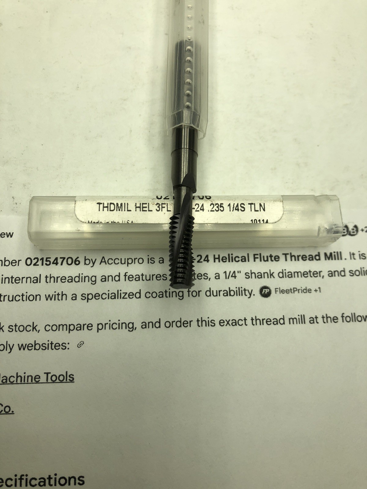 NEW Accupro 5/16-24 UN Solid Carbide Thread Mill – TiAlN Coated EDP#02154706.