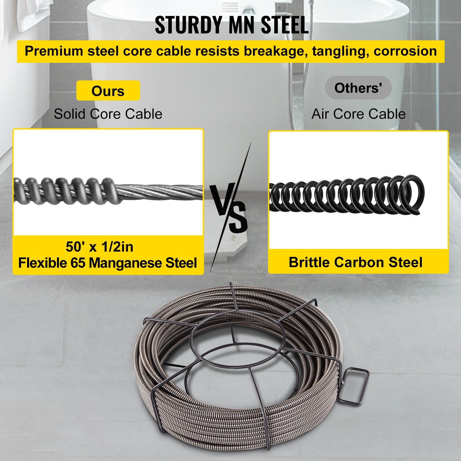 Drain Cable Sewer Cable 50Ft 1/2In Drain Cleaning Cable Auger Snake Pipe