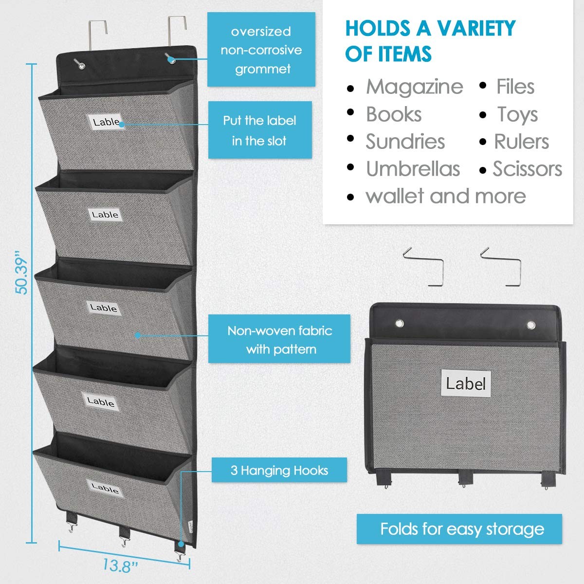 homyfort Over the Door File Organizer, Wall Hanging File Folders with 5 Large…