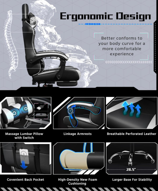 Silla gamer ergonómica con masaje lumbar, reposapiés y altura ajustable, Nuevo