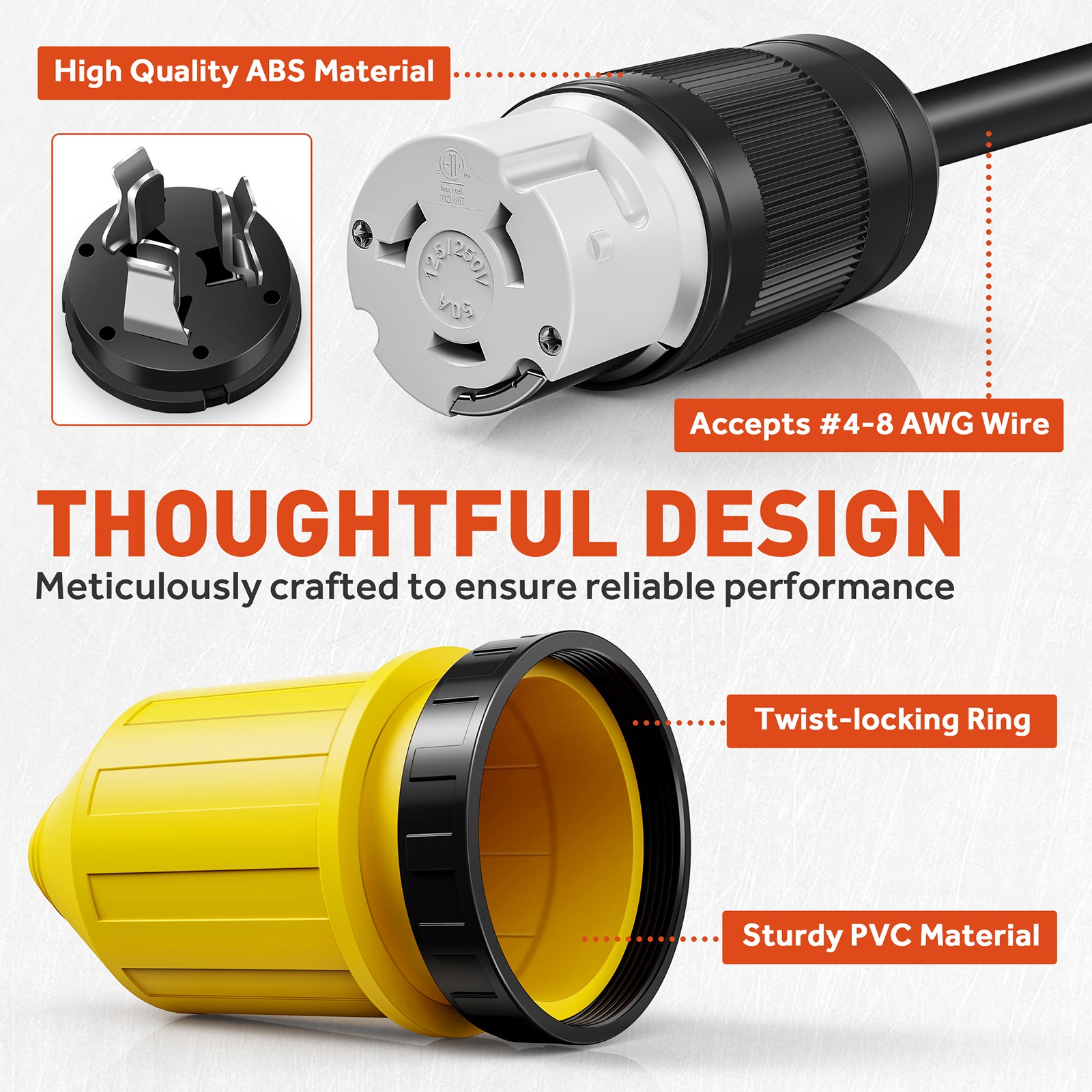 50AMP RV Power Cord Twist Lock Plug w/Locking Ring Boot Cover 125/250V RV Camper