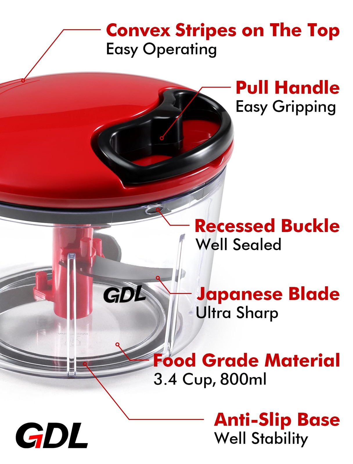GDL Food Chopper, Pull Onion Chopper Dicer, Hand Powered 3.4 cup, Red