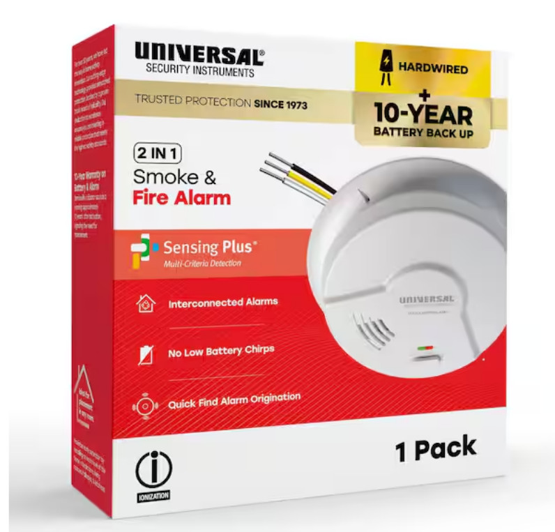 NEW USI/SM/HW10YR 2-IN-1 Smoke & Fire Alarm Hardwired + 10 Yr Battery Free Ship