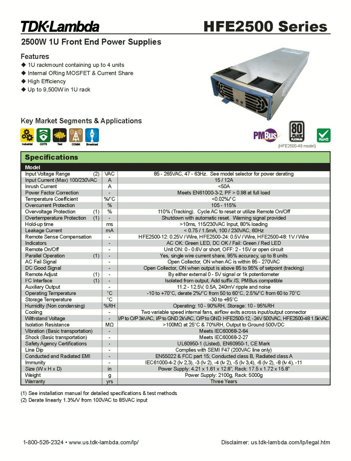 Power Supply, 120-240VAC to 48VDC or 12VDC OUT, TDK-Lambda HFE2500-48/S