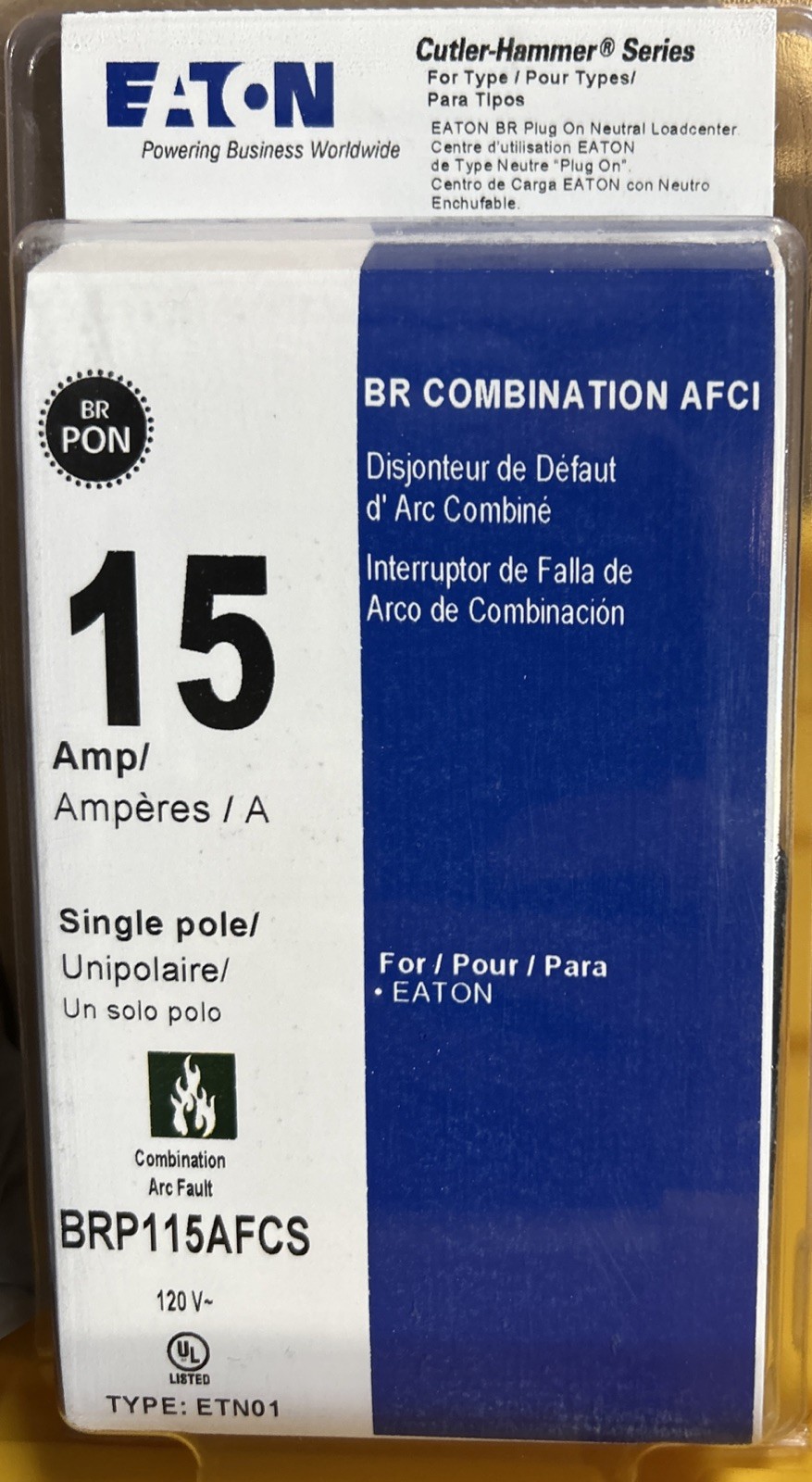 Eaton 15 Amp 120-Volt AFCI Plug-on Neutral Circuit Breaker BRP115AFCS NEW