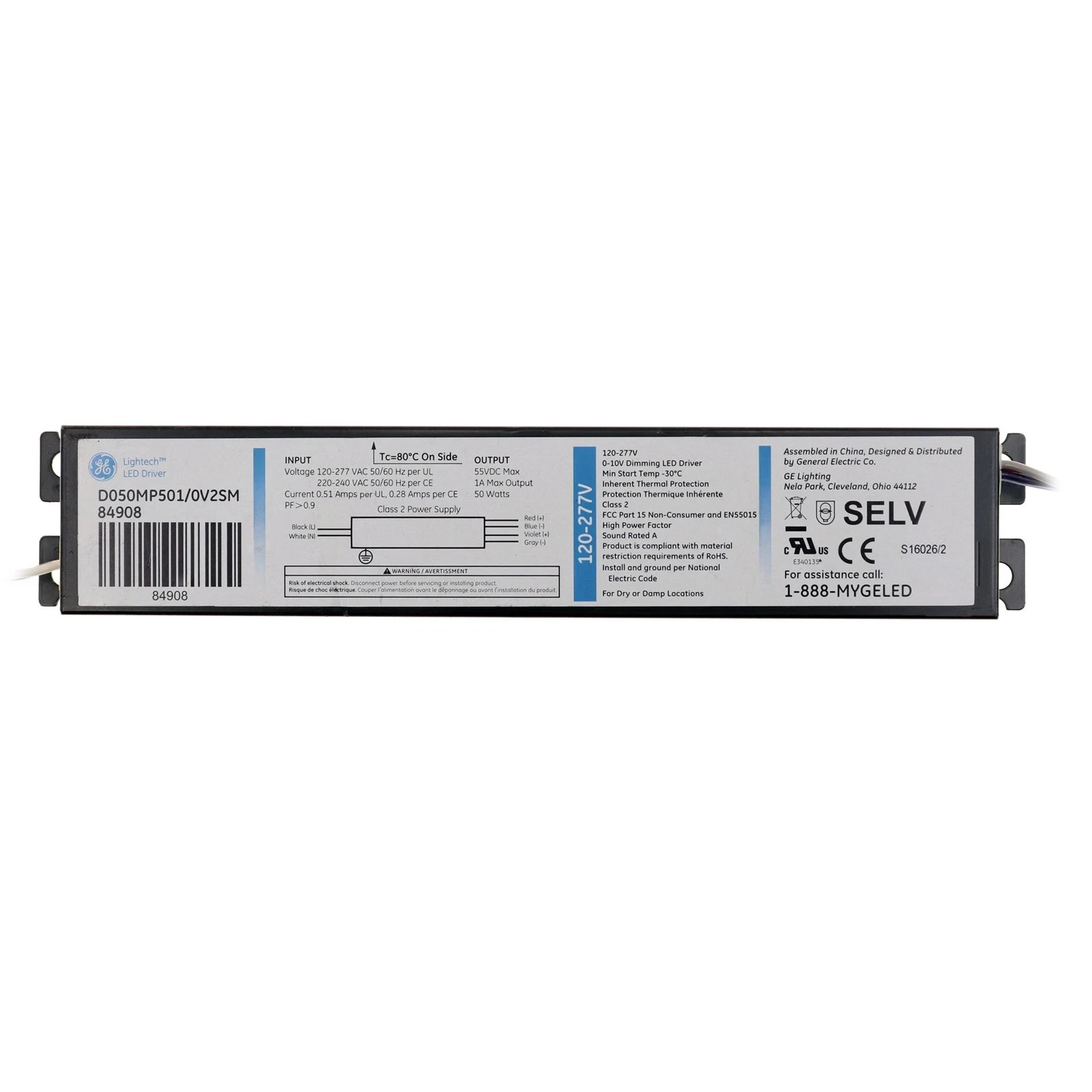 GE D050MP501/0V2SM 84908 LED DRIVER, 0-10V DIMMABLE, 1000MA, 50W, 55VDC, 120-277