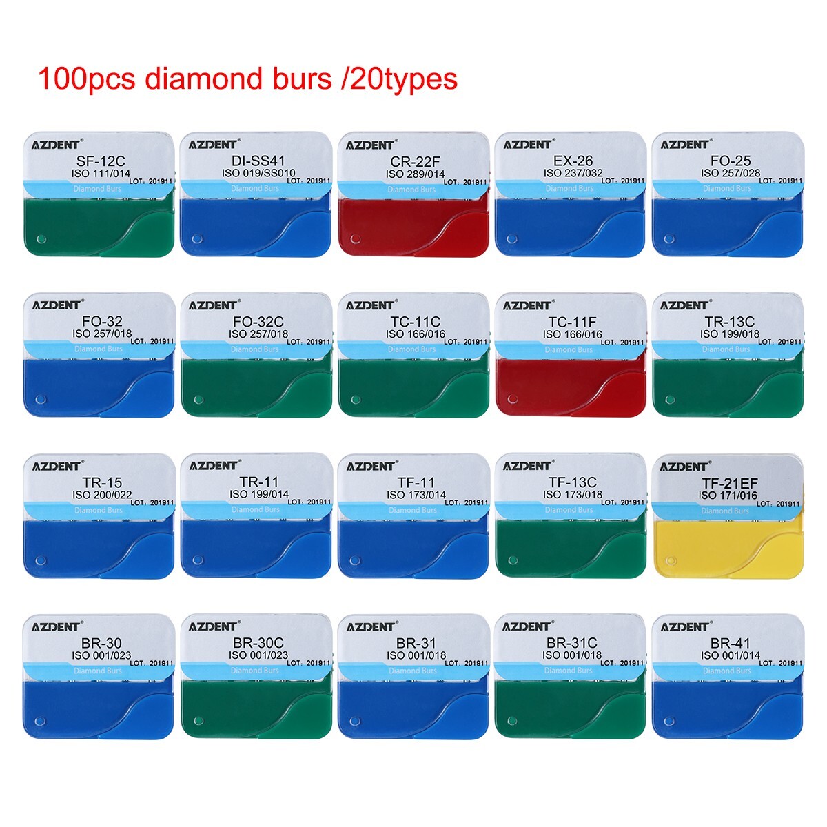100Pcs AZDENT Dental Diamond Burs Kit for High Speed Handpiece Medium FG 1.6MM