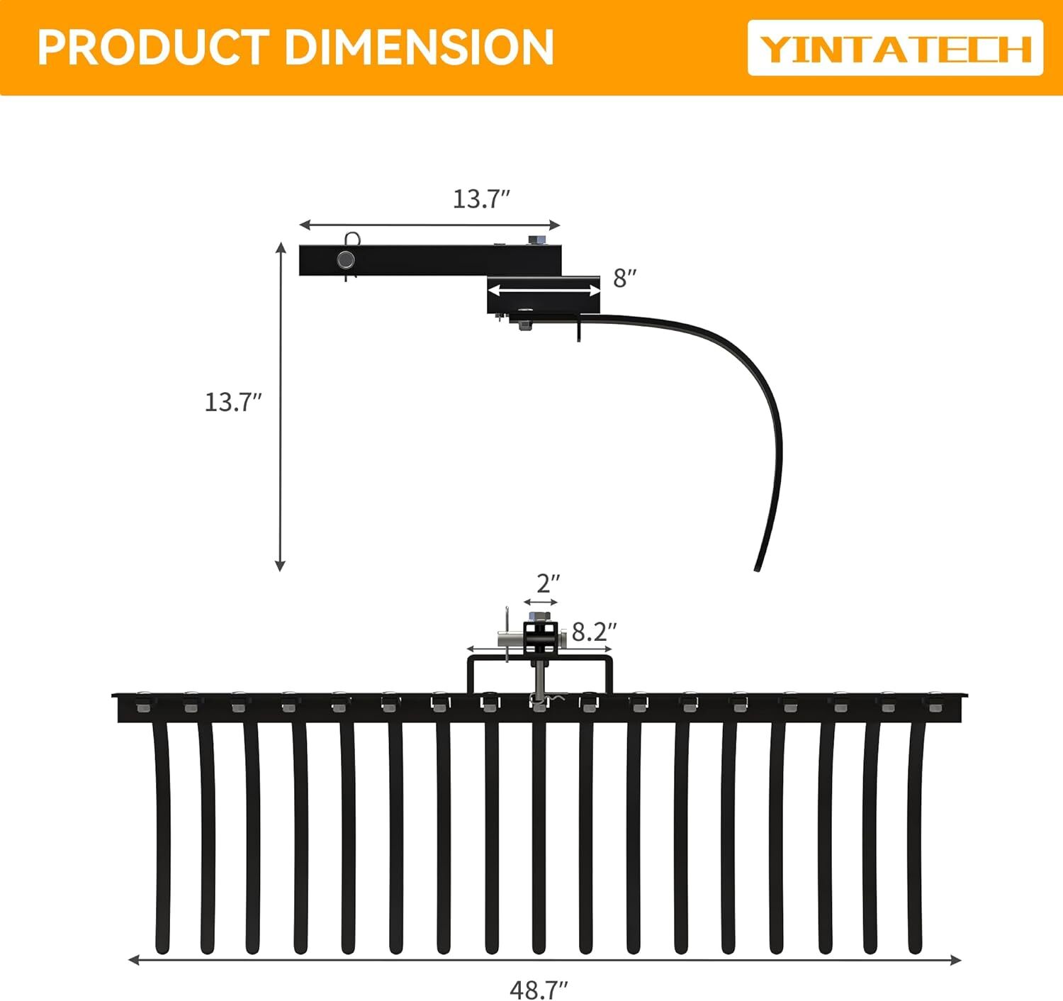 48″ Tractor Rake with 2″ Receiver 17 Steel Tines for Lawn Tractors ATVs / UTVs
