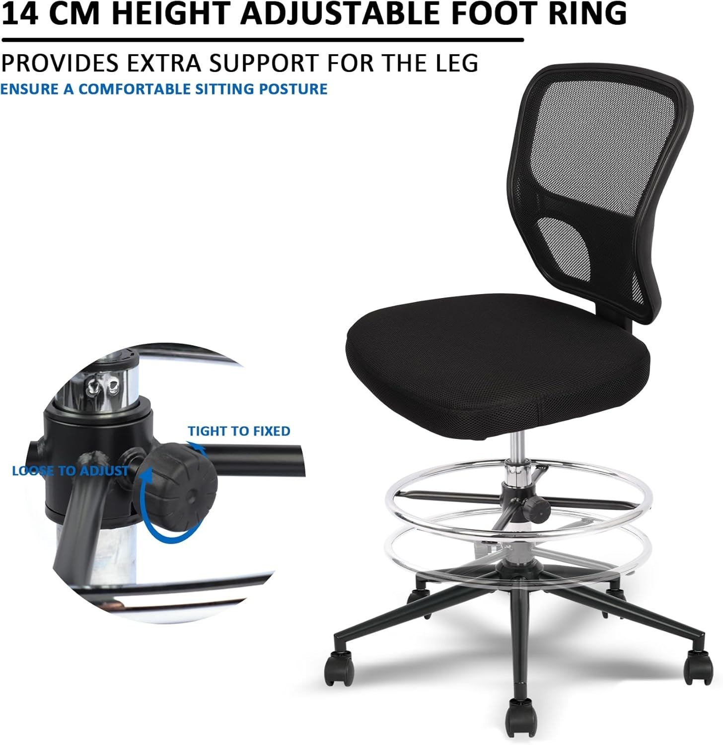 Hylone Adjustable High Back Office Chair – Ergonomic Drawing Stool in Black
