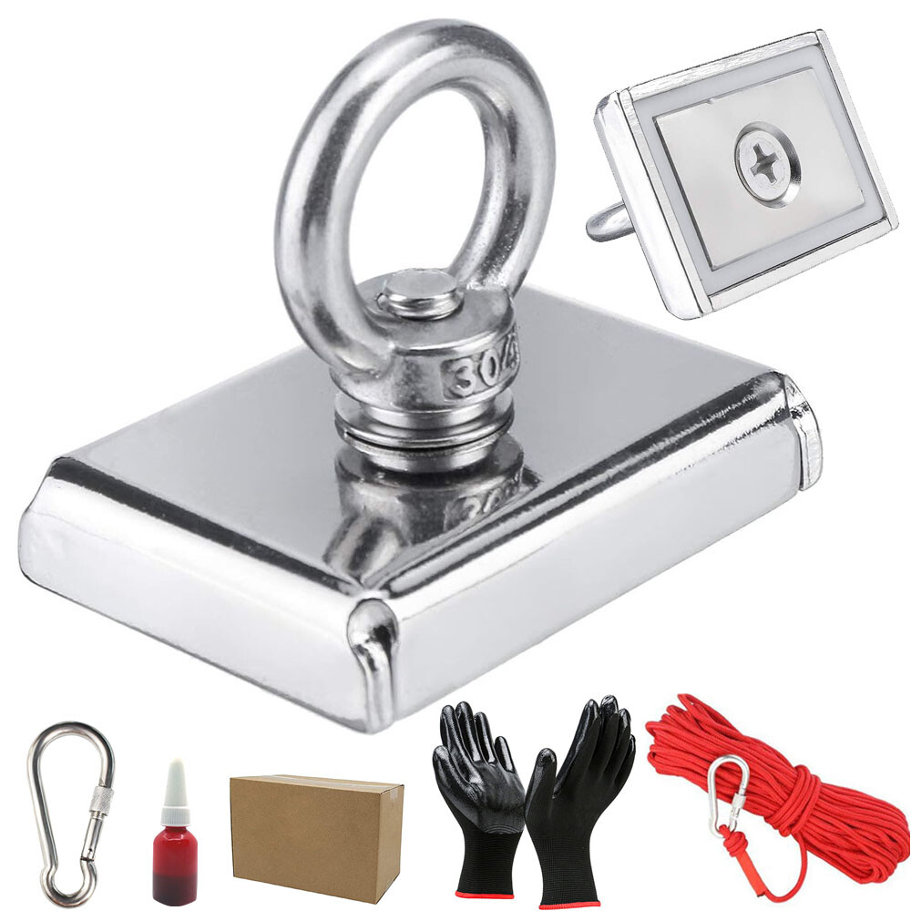 600- 2000 LBS Strong Fishing Magnet Kit Pull Force w/ 66ft Rope Carabiner Gloves