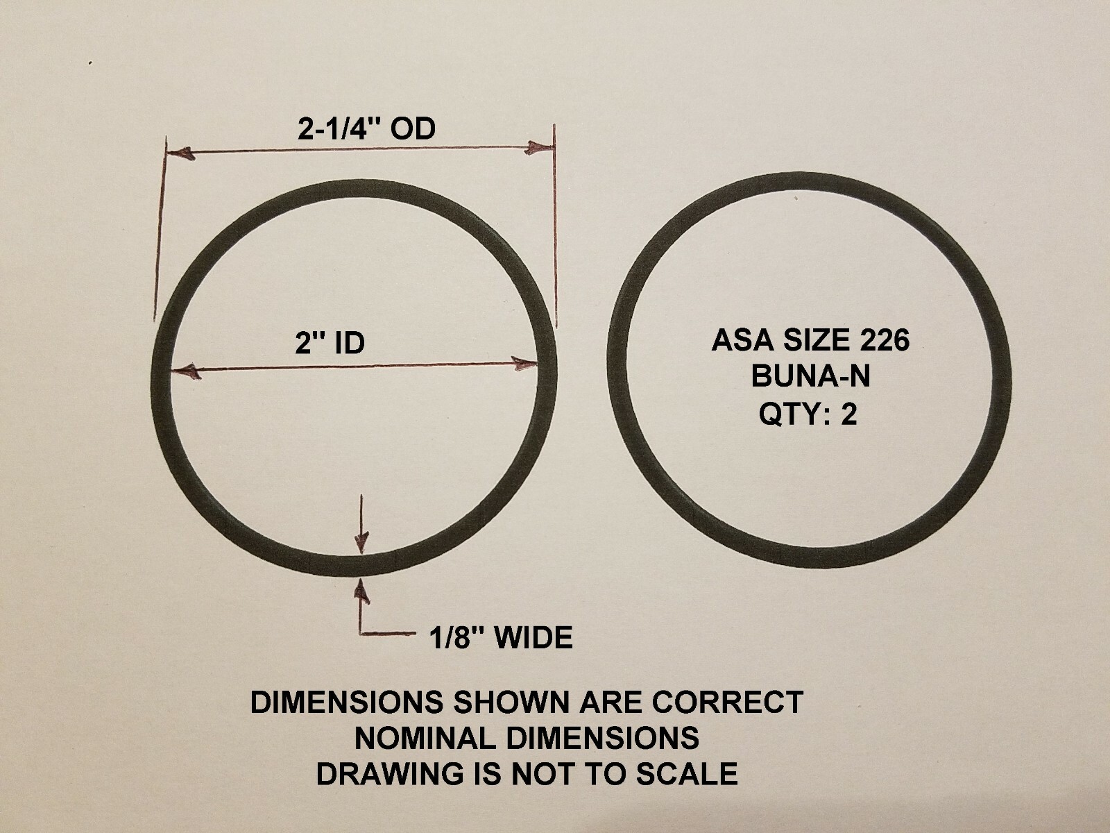 O-ring Size 226, 2″ ID x 2-1/4″ OD x 1/8″ thick. Buna-N. Qty 2. Brand New.